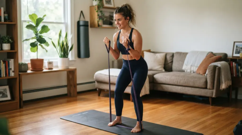 standing-office-yoga-workout-workout Frau trainiert zu Hause mit einem Widerstandsband auf der Matte