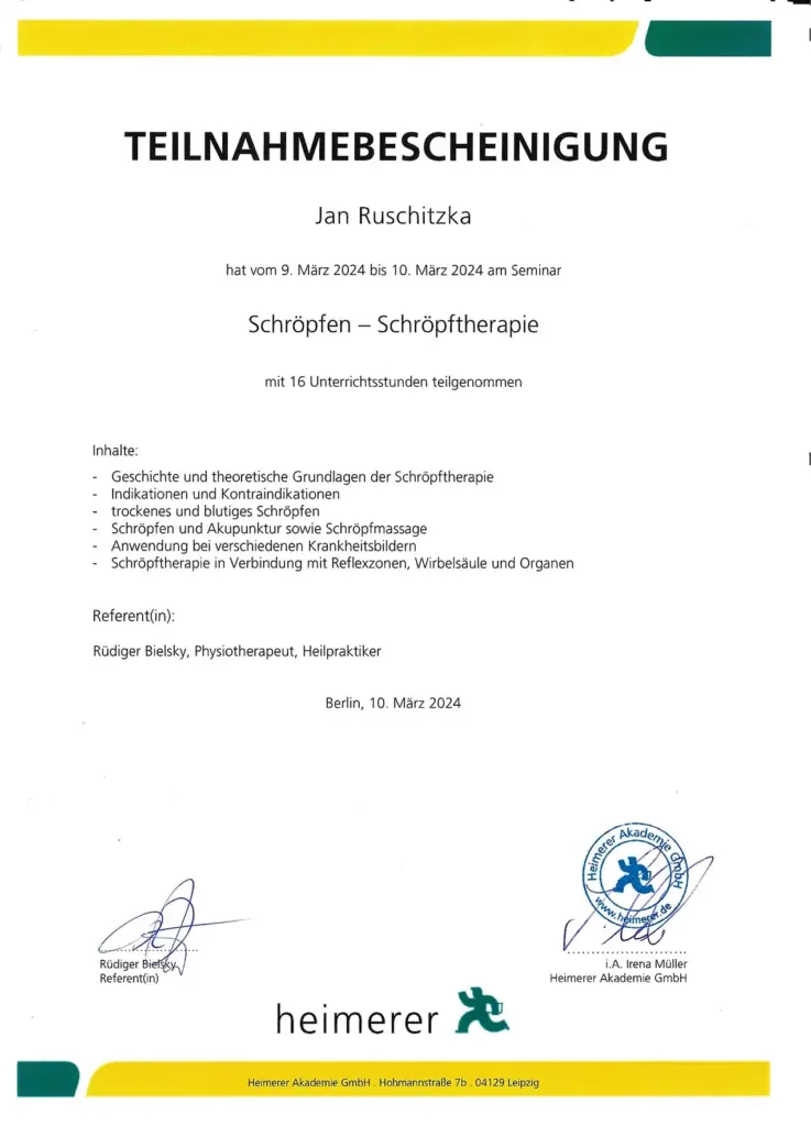 standing-office-yoga-workout-workout Teilnahmebescheinigung Schröpfen – Schröpftherapie der Heimerer Akademie für Jan Ruschitzka, März 2024
