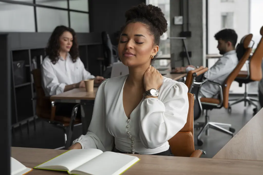 standing-office-yoga-workout-workout Frau am Schreibtisch massiert sich mit geschlossenen Augen den Nacken, Kollegen im Hintergrund